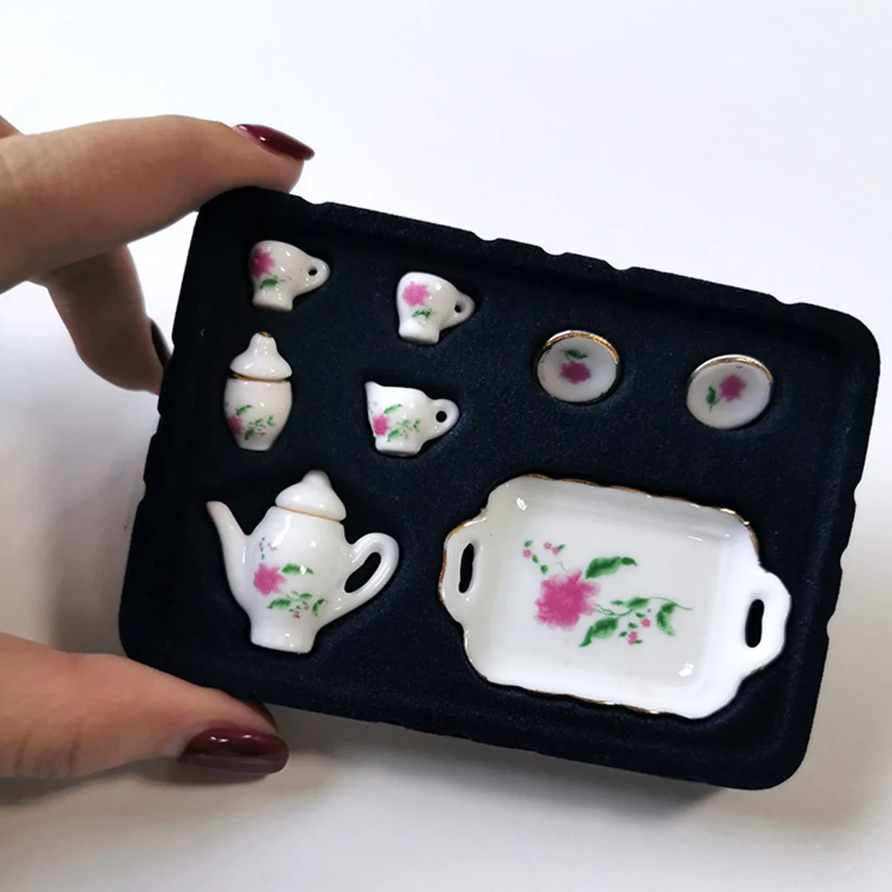 

8pcs Dollhouse Miniature Porcelain Tea Cup Set Kitchen Miniature Porcelain Set 1:12 Mini Flower Pattern Teapot Cup Plates Set