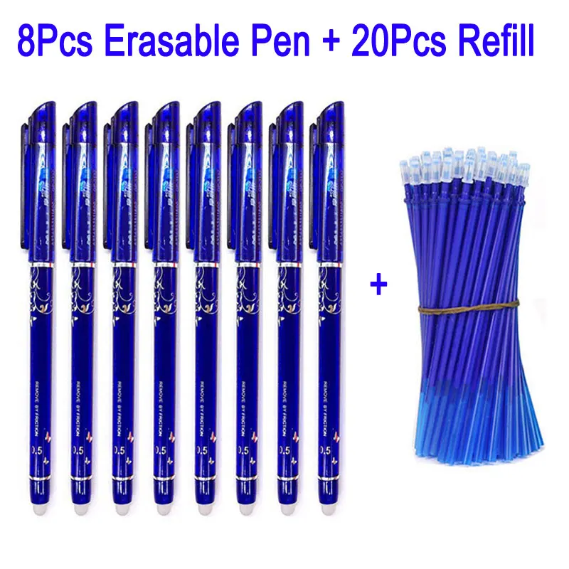 8+ 20 шт/набор стираемые гелевые ручки синие чернила 0,5 мм стирающиеся ручки Сменные моющиеся стержни для школы офисные ручки канцелярские инструменты - Color: 8 blue pen 20 ink