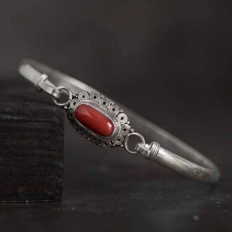 New Handmade Silver Ladies Bracelet Inlaid Gemstone Turquoise Female Opening Retro Ethnic Style Jewelry Accessory | Украшения и