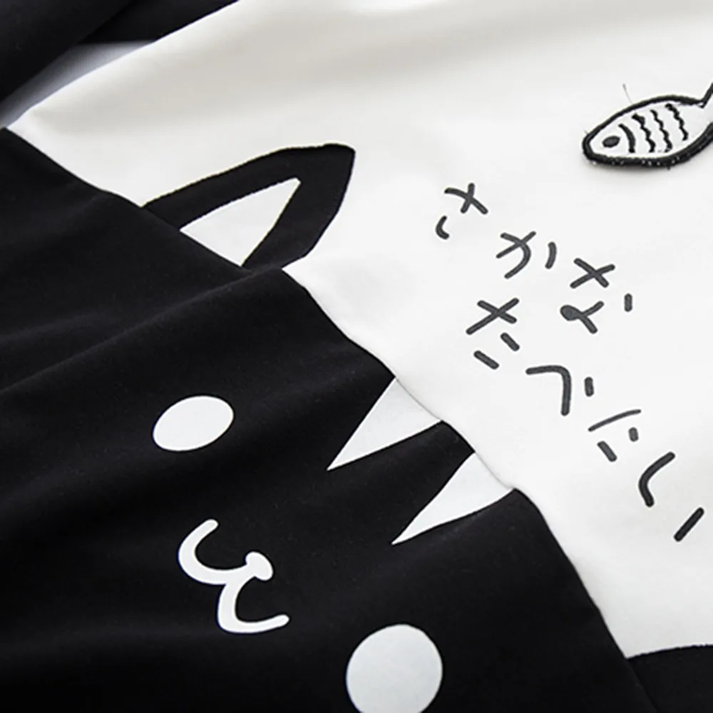 JAYCOSIN Women Casual Long Sleeve Sweatshirt Kitty Cat Print Pocket Thin Hoodie Pockets Unique Print Chic Comfortable Pullover