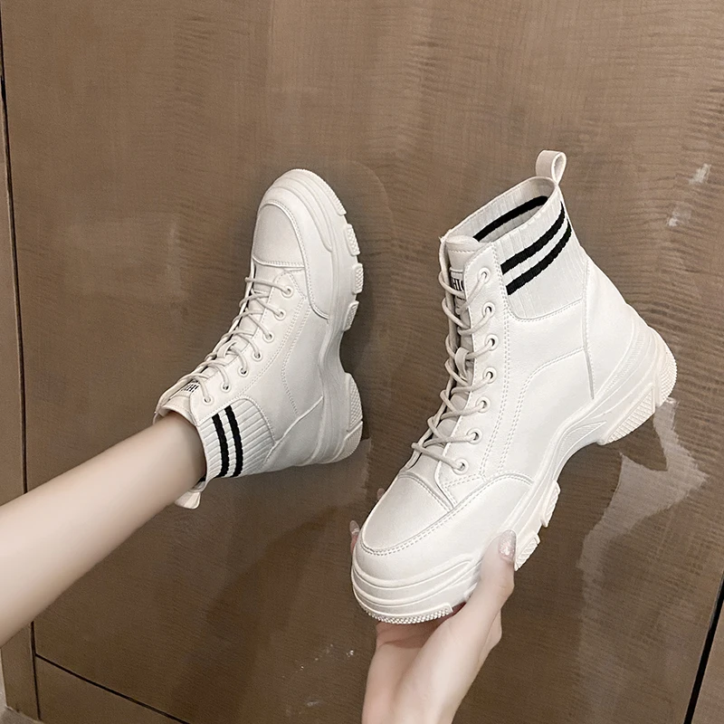 Brand Women Platform Motorcycle Boots White Ankle Boots 2021 Autumn High Quality  High Top Fashion Martins Leather Female Boots
