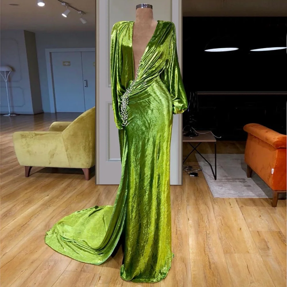 

Fashion Green Muslim Formal Evening Dresses Long Mermaid Sexy Prom Dress 2019 Cocktail Party Gowns High Split Robe De Soiree