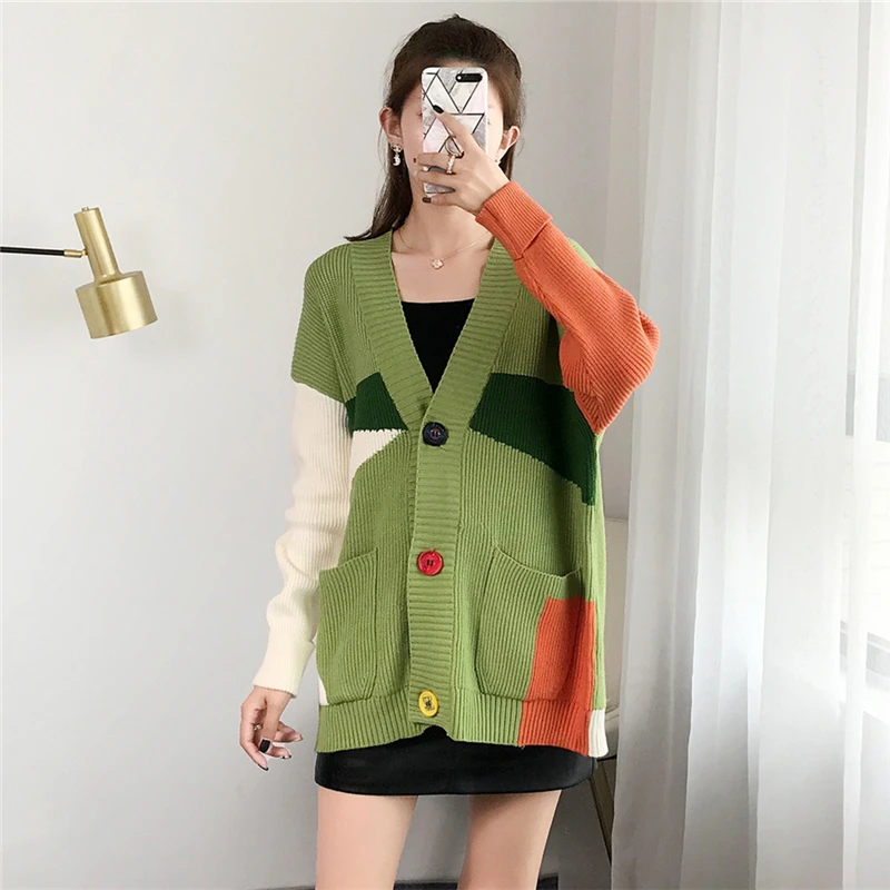 #Special Offers Women Cardigan Plus Size Color Block Sweater Coat V-Neck Button Pockets Streetwear Long Sleeve Knitted Top Casual Outwear Chic