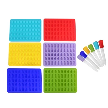 

50 Cavities Colorful Silicone Bear Gummy Candy Mold with 6 Dropper for DIY Candy, Jelly,Cookie,Chocolate,Ice -6 Pack