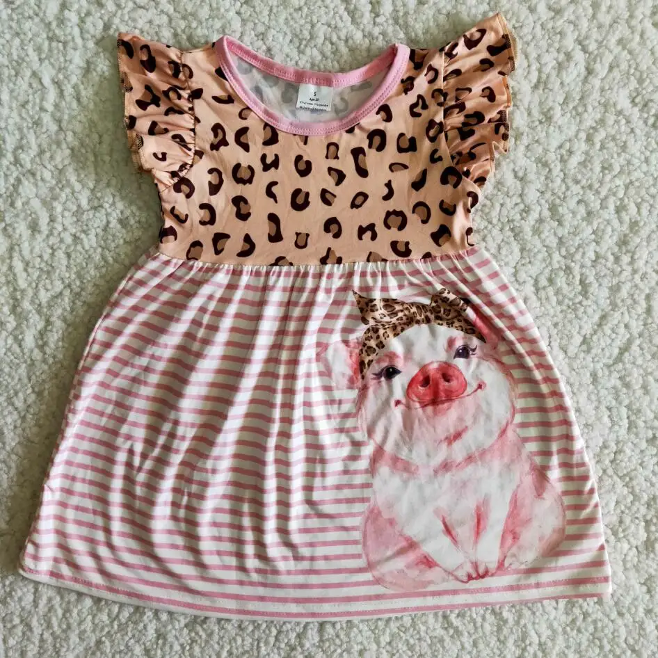 Baby Girls Pink Pig Print Leopard Dresses Flutter Sleeves Popular
