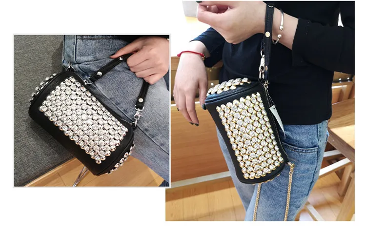 Роскошная Модная женская сумочка с бриллиантами, женская маленькая сумка с заклепками, черная кожаная сумка через плечо, цилиндрическая сумка-мессенджер