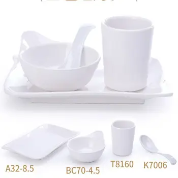 

4pcs Set Dishes Sets Dinnerware Tray Bowl Cup Spoon Hotel Restaurant Melamine Tableware Solid White Dishes and Plates Sets