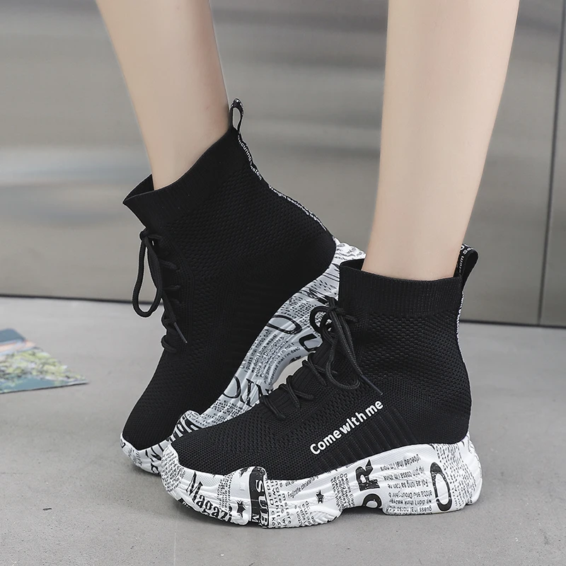 

Fashion Letter Graffiti High Platform Ankle Boots for Women Hidden Heels Knitted Casual Shoes Woman Slip on Botas Mujer