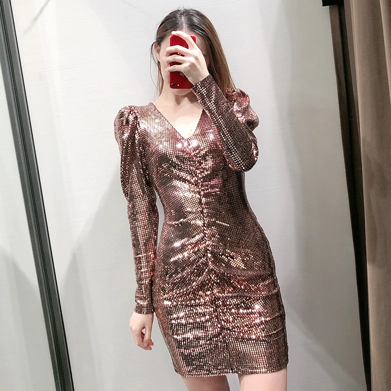 Sexy V Neck Party Mini Dress Women Plaid Sequins Puff Long Sleeve Club Dresses Lady Bodycon Pleated Stylish Vestidos De Fiesta