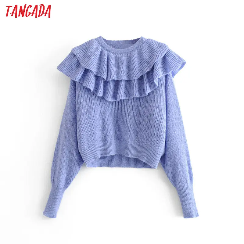 Tangada Модный женский синий милый свитер с оборками и длинным рукавом короткий стиль мягкий джемпер женская вязаная одежда 3H125