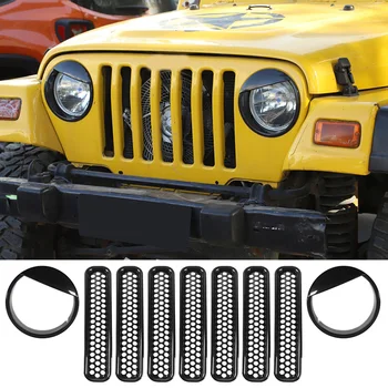 

Front Grill Insert Kit, 7Pcs Grille Front Mesh Grille Inserts + 2Pcs Eye Headlight Bezels for 1997-2006 Jeep Wrangler TJ