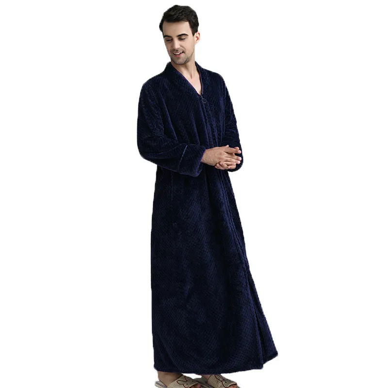 Женская и мужская зимняя длинная фланелевая Коралловая флисовая Пижама длиной до лодыжки, кимоно для влюбленных, одноцветная ночная рубашка, ночная одежда, платье - Цвет: Men Navy No Hood