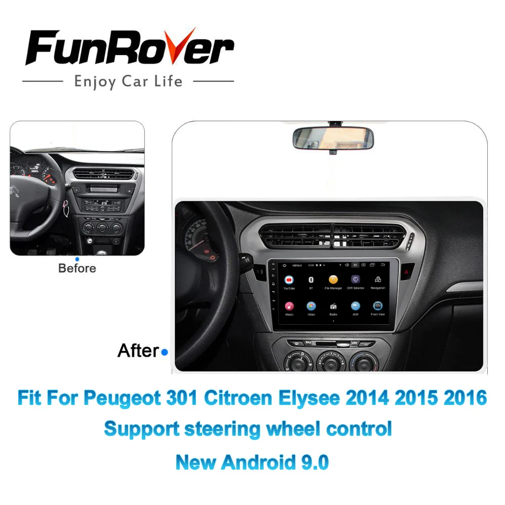 Perfect Funrover 2.5D+IPS 2 din Car dvd Multimedia player Android 9.0 For Peugeot 301 Citroen Elysee 2014 2015 2016 radio gps navigation 1