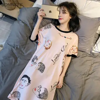 

Nightgowns Women O-neck Short Sleeves Cartoon Casual Sleepwear Womens Student Harajuku Loose Print Kawaii Basic Simple New Chic