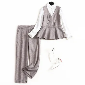 

New 2020 spring Women pant suit office lady ruffles stand collar white chiffon shirts tops + double breatsed vest 3 piece set