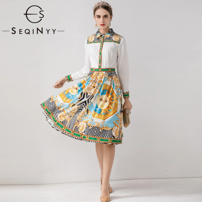 

SEQINYY Vintage Suit 2020 Spring Autumn New Fashion Design Short Vest Top + Long Sleeve Flowers Sun Print Knee Dress Casual Set