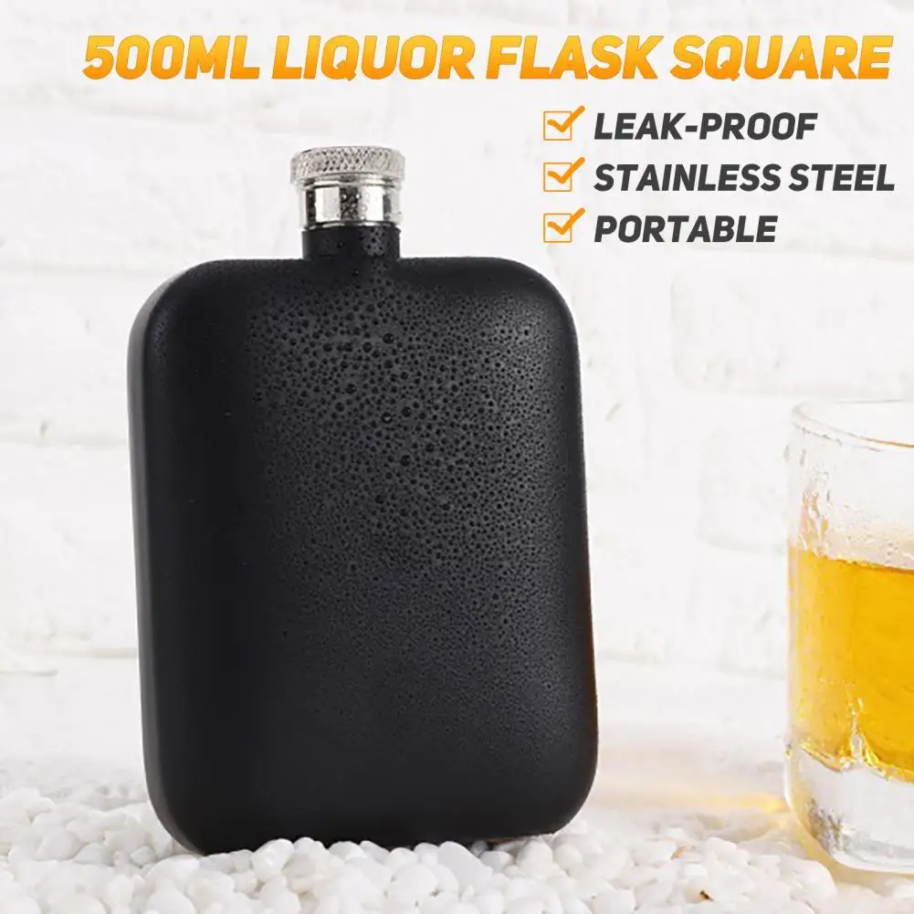 500ml Liquor Flask Square Leakproof Portable Stainless Steel Black Pocket Flask Outdoor Whiskey
