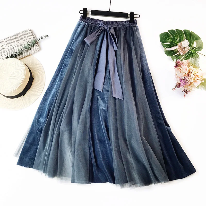 

HLBCBG Contrast Color Fashion Adult Long Tulle Skirt Women 2019 Autumn Winter Bow A-line High Waist Pleated Maxi Skirt Female