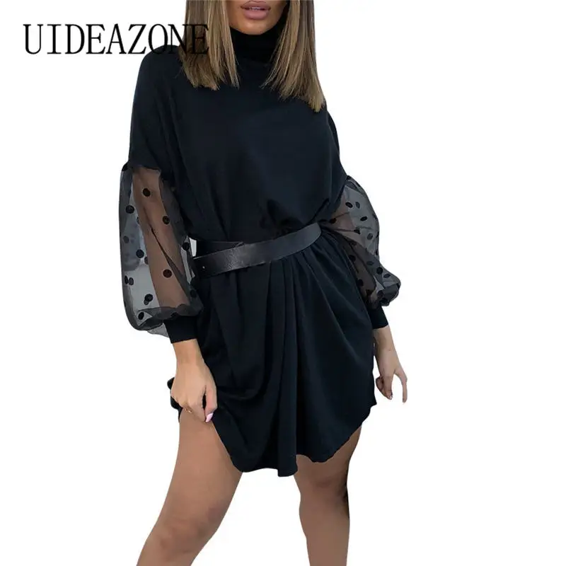 

Women Dress Spring Fall Mesh Puff Long Sleeve Ribbed Clothes With Belt Casual Polka Dots Sleeve Elegant Streetwear Clothing