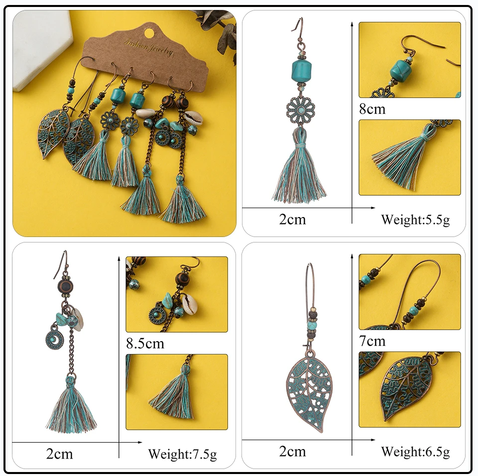 Bohemia Geometric Bronze Brown Earrings Sets Vintage Long Natural Wooden Stones Fringe Tassel Earrings for Women Girls Jewelry Set Wholesale Dropshipping (2)