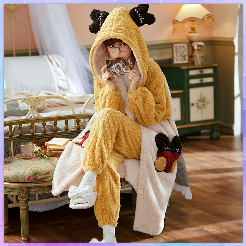 

Warm Sweet Hooded Women's Pajamas Nightgown Winter Flannel Sleep Robes Female Cute Kawaii Thicker Fashion Soft Chic Home Clothes