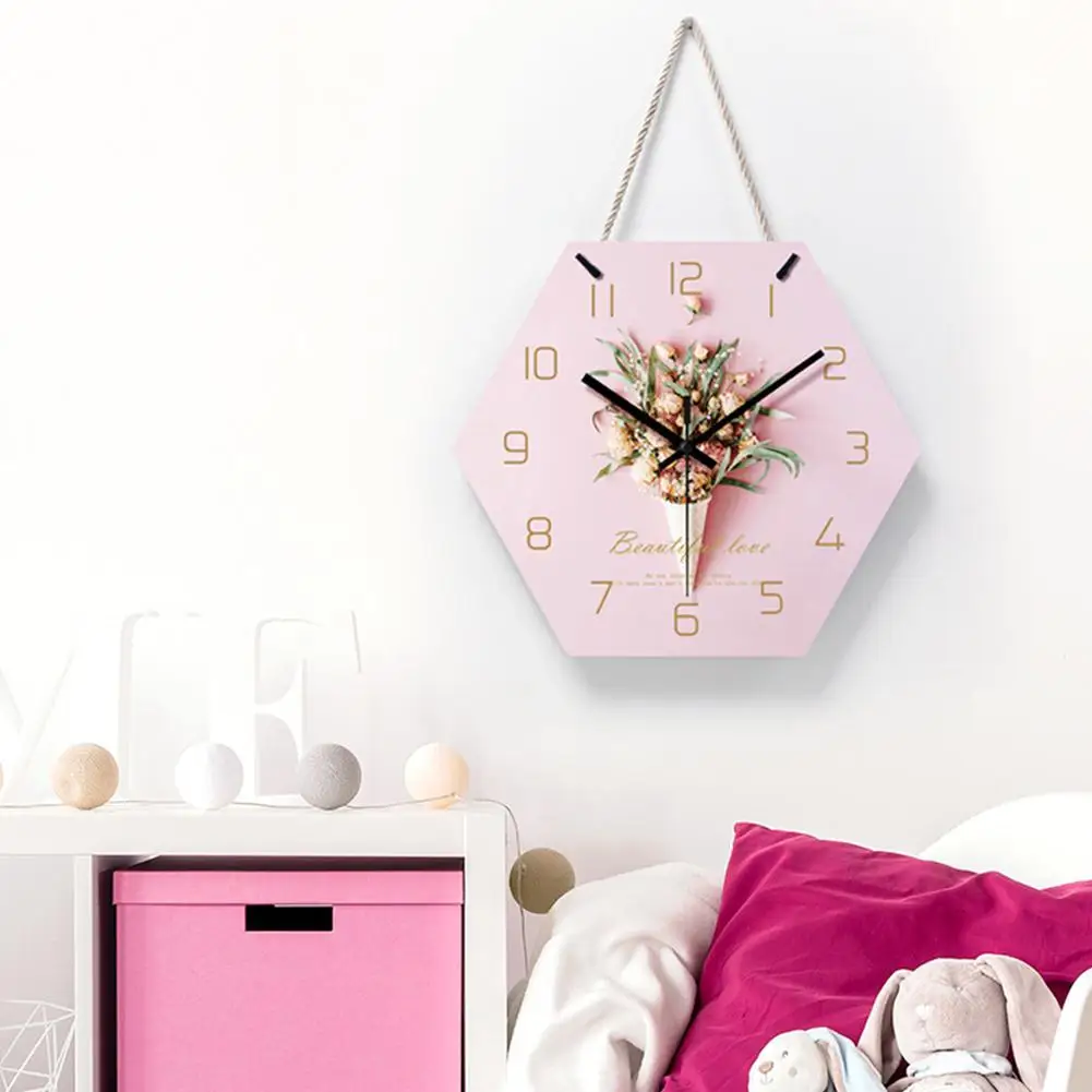 Простые розовые шестигранные настенные часы с подвесной веревкой для дома, спальни, гостиной, декора, офиса, креативные настенные часы