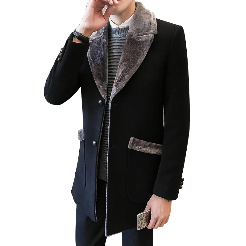 Fur Collar Trench Coat Men Wool Blend Winter Coat Slim Fit Men Manteau Homme Mid-Long Black Grey Mens Trench Coat Blue 4xl 5xl