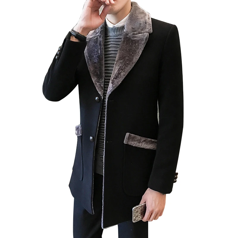 Fur Collar Trench Coat Men Wool Blend Winter Coat Slim Fit Men Manteau Homme Mid-Long Black Grey Mens Trench Coat Blue 4xl 5xl Fur Collar Trench Coat Men Wool Blend Winter Coat Slim Fit Men Manteau Homme Mid-Long Black Grey Mens Trench Coat Blue 4xl 5xl
