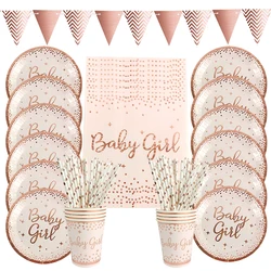 62 Uds bronceado Rosa bebé desechable chica conjunto de vajilla para fiesta de paja de papel de la placa de servilletas para tazas Banner bebé ducha chica decoración de la fiesta