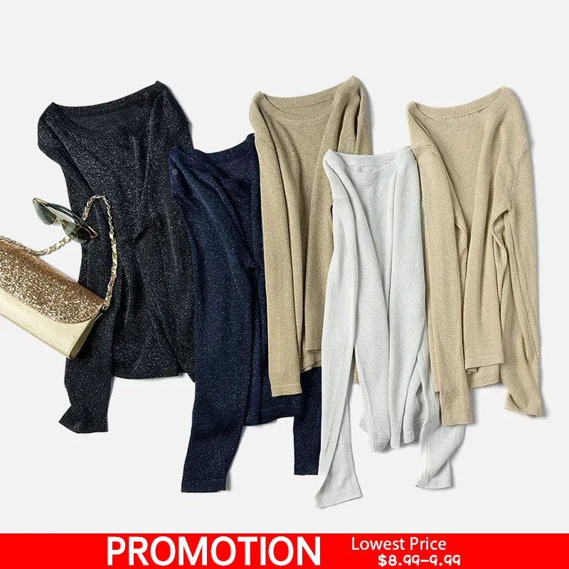 Autumn Knitted Shinny Women's Short Pullover Tops Long Sleeve Sweater O-Neck Lurex Knit Jumper Women Winter Sweaters Female
