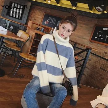 

2020 Fashion Autumn Winter Turtleneck Mohair Women Sweater Fashion Full Sleeve Striped Loose Knitted Pulovers Female Jumers