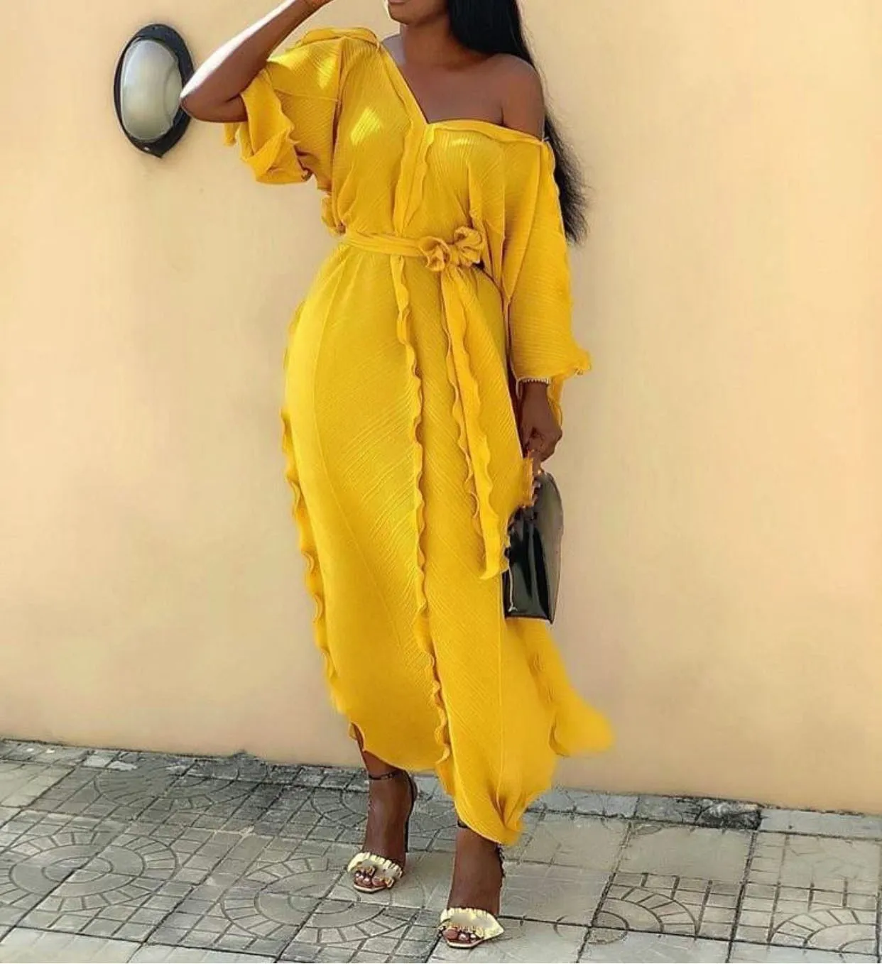 

2019 African Women Plus Size Boho Dress Loose Ruffled Beach Sundress Sashes Casual Long Maxi Dress