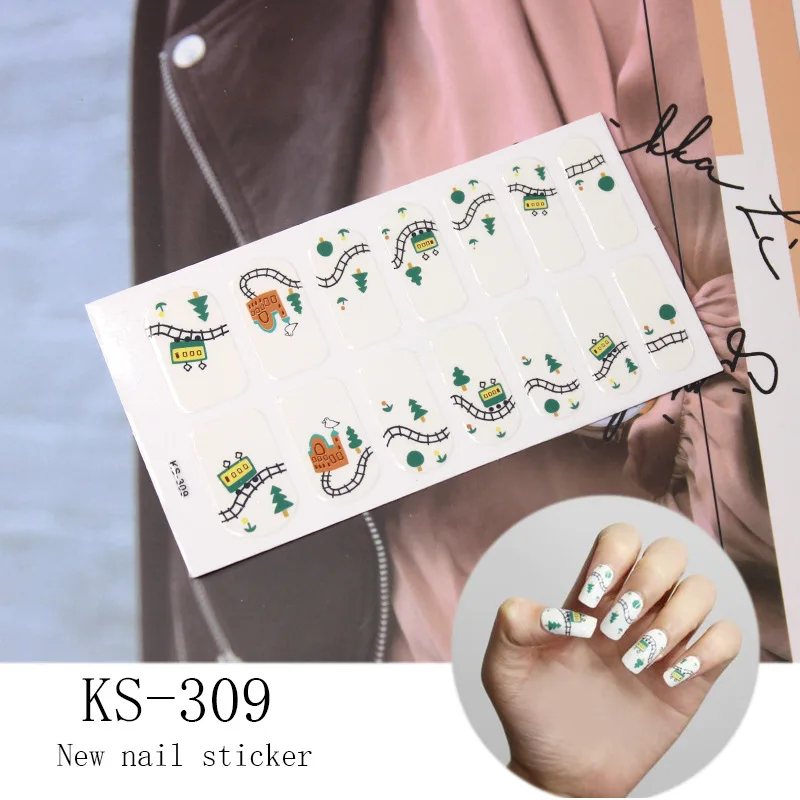KS-309 14 стикеров/листов, Модные цветные наклейки для ногтей, французский стиль, полное покрытие для ногтей, наклейки для ногтей, решетчатые элементы, художественный дизайн, Прямая поставка - Цвет: KS-309