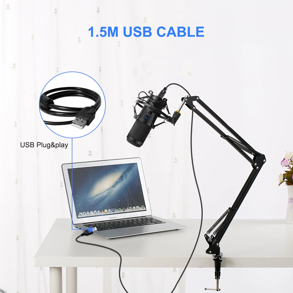 Microfone de Gravação com Suporte e Anel de Luz para pc Podcasting para Youtube Microfone Condensador Karaoke Streaming Usb D80 - Image 6