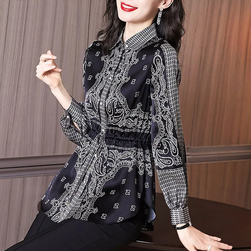 

Black Vintage Shirts Women Spring Autumn Long Sleeve Floral Imitation Silk Blouses Fashion Print Tops Blusas MM1220