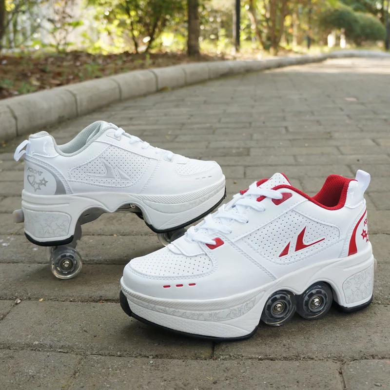 Deformation Parkour Shoes Four Wheels Rounds Of Running Shoes Roller Skates Shoes Adults Kids Unisex