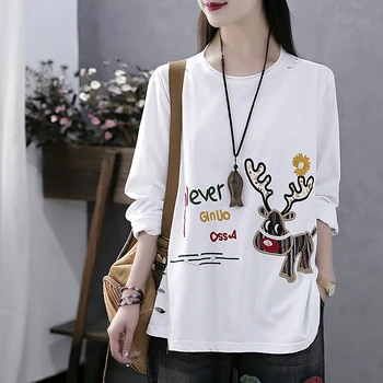 

retro autumn t shirt women long sleeve T-shirt women's O neck loose patch designs embroidered deer tops t shirt