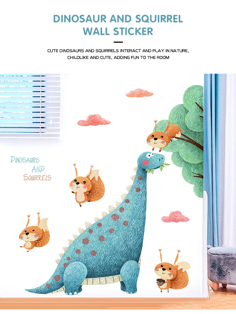 Dinosaur wall sticker corner stickers kids room decoration self-adhesive baby bedroom decor cartoon squirrels pattern home decor