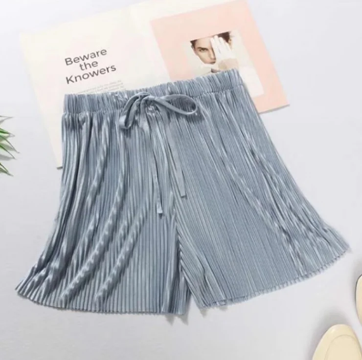 Summer women's ice silk pleated chiffon wide-leg shorts Casual Elastic High Waist Shorts Boho Beach Trousers girls Short