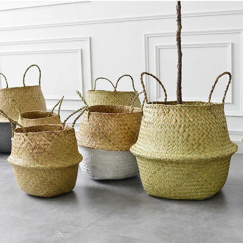 

Household Storage Folding Shopping Basket Storage Laundry Basket Tank Vase Hanging Basket Handmade Seaweed Weaving Flower Basket