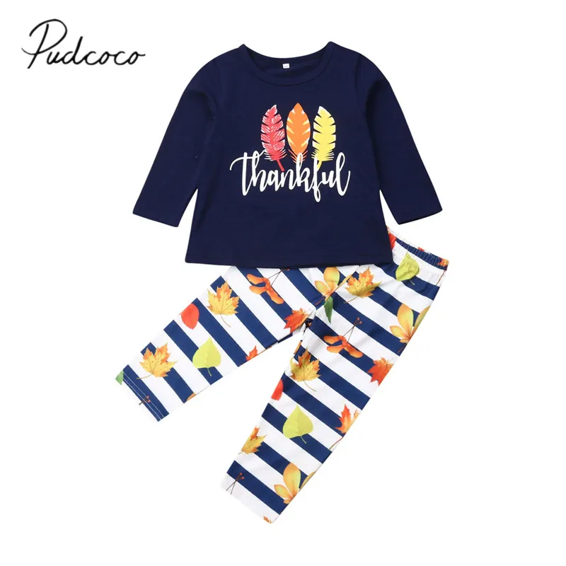 

2019 Baby Spring Autumn Clothing Toddler Kid Baby Girl Striped Thanksgiving Outfits Clothing Feather T-shirt Top Pants 1-6T