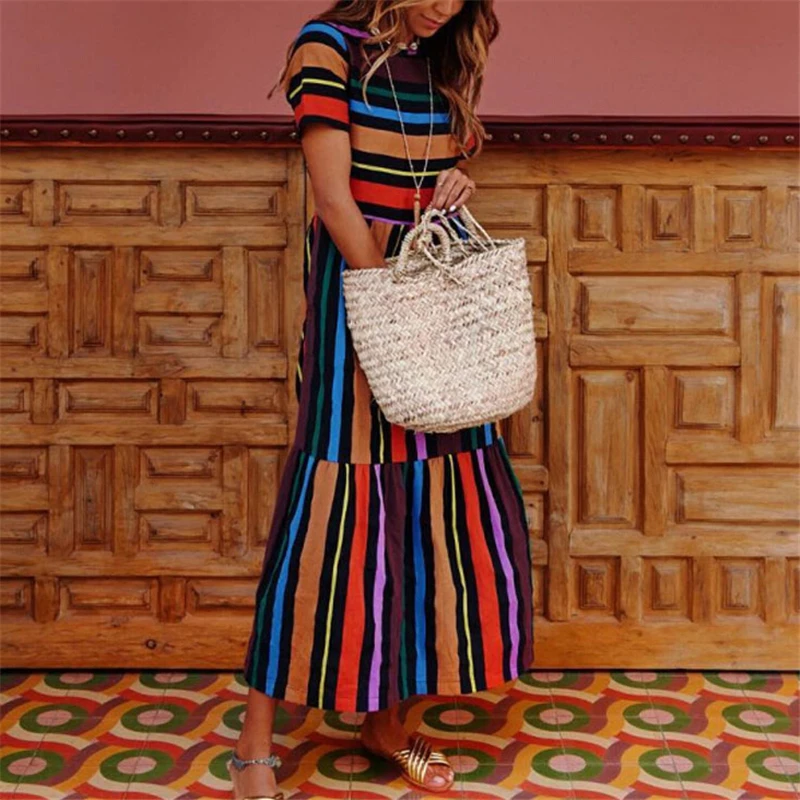 Women Dress Boho Style Draped A Line Ladies Dresses Women Evening Party Dress Striped Womens Dresses Casual Summer Sundress