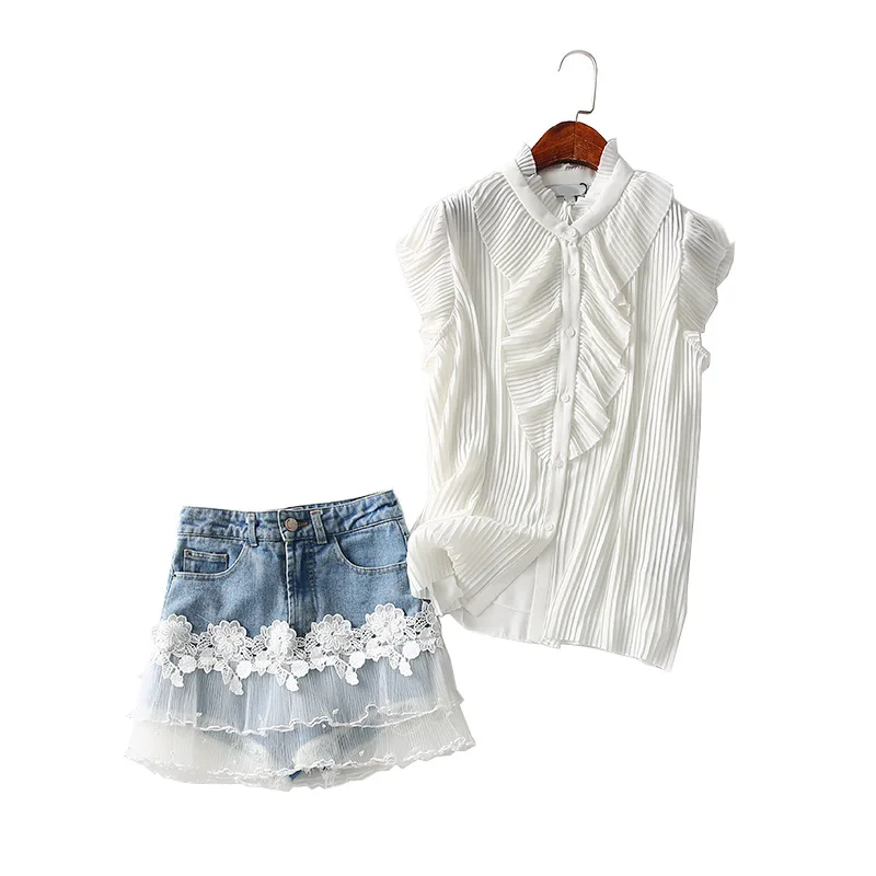 

One's Pleated Chiffon Shirt Lace Gauze Joint Denim Shorts Two-Piece Set Entity