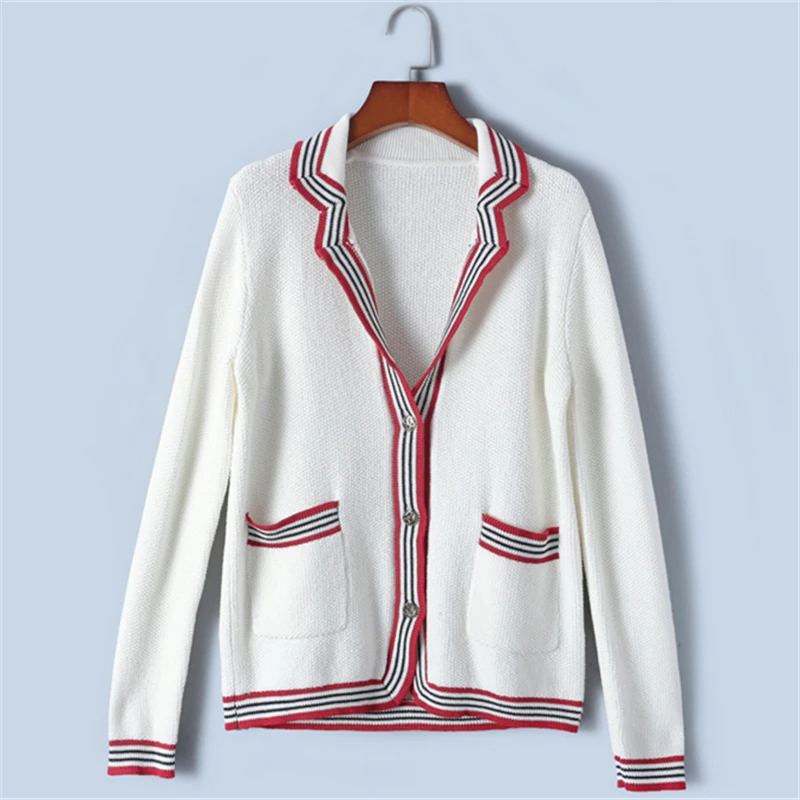 

Tunjuefs Slim Fit Elegant Button Pockets Cardigan Women Sweater Coat Striped V-Neck Knitted Top Runway Outwear Autumn Winter