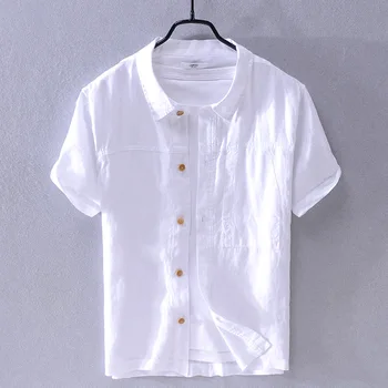 

2020 Men Fold-down Collar Flax Short-sleeved Shirt Trend Youth Comfortable Breathable Cotton Linen Beach Shirt