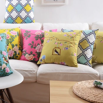 

Yellow Cushion Cover Floral Decorative Pillows Cover Bird Throw Pillows