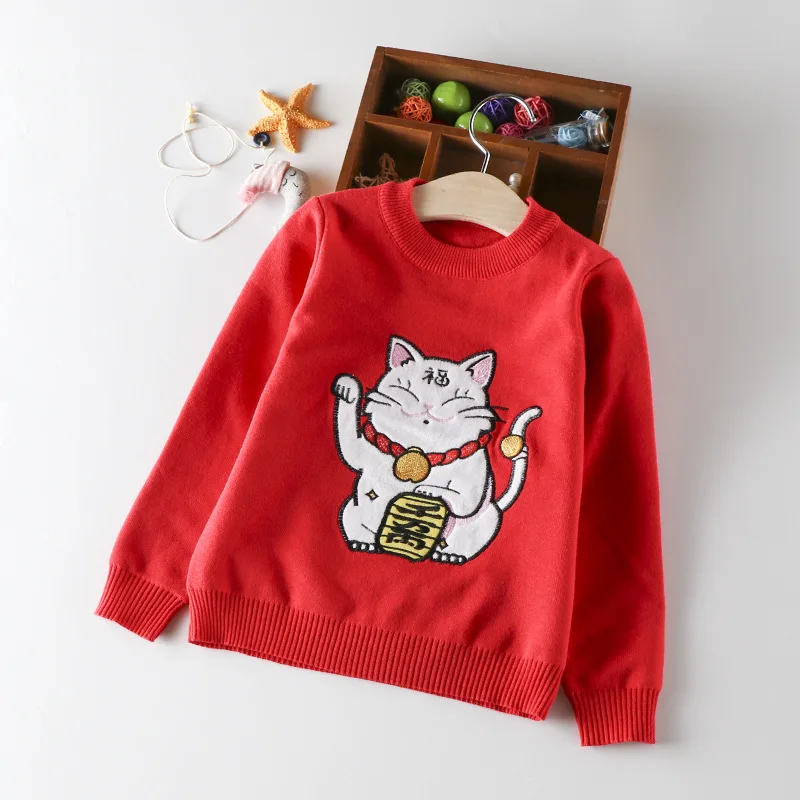 Детская одежда для девочек; свитер с принтом «Lucky Cat»; коллекция года; осенняя одежда; стиль; Детский свитер с вырезом лодочкой; Базовая рубашка для мальчиков