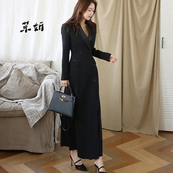 

Autumn New Winter Office Lady Runway Designer Women Long Trench Coat Notched Collar Wrap Black Maxi Coat Outwear