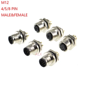 

M12 waterproof sensor connector male & female socket 4/5/8 pin panel back Mount wire cable connector Screw Threaded coupling