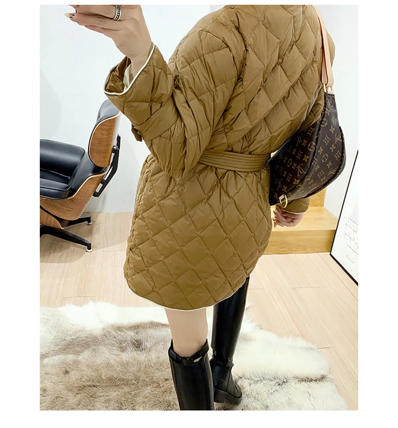 YNZZU Korean Style Spring Winter Mid-Long Light Women's Down Jacket Elegant White Duck Down Coat with Sashes Pockets A1391